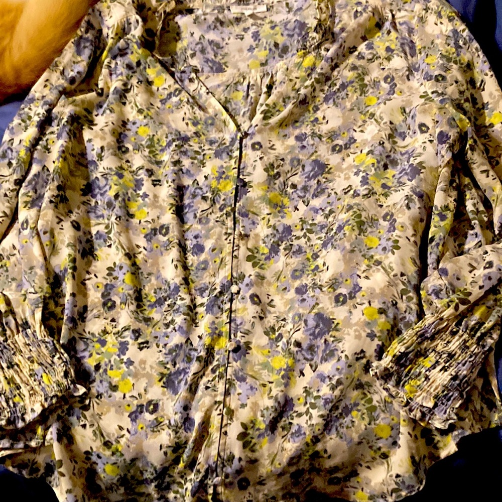 Maurice size 1x blouse with elastic banded sleeves. Cream background with flower
